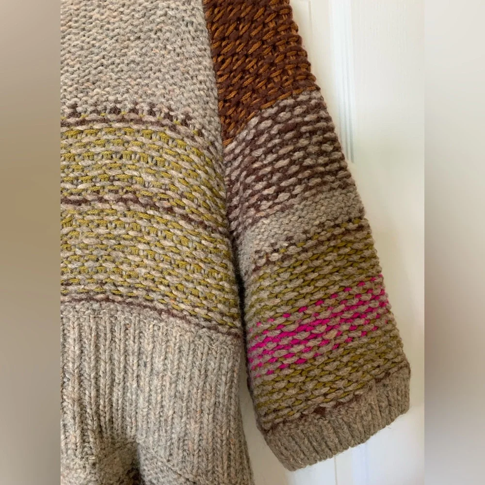 Free People Multicolor Chunky‎ Knit Sweater Cardigan, Brown and Tan, Size Large
